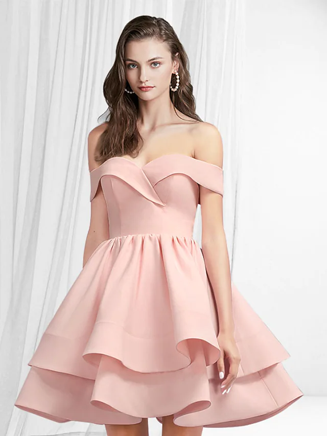 Luolandi A-Line Empire Minimalist Homecoming Engagement Dress Off Shoulder Sleeveless Short Mini Satin
